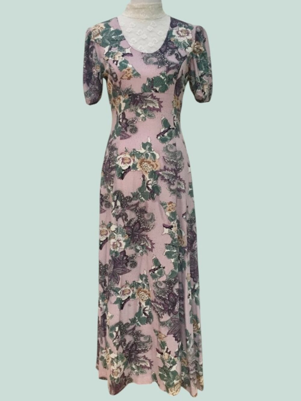 Vintage 1970s Prairie Maxi Dress Lace Collar Floral Paisley Boho Small